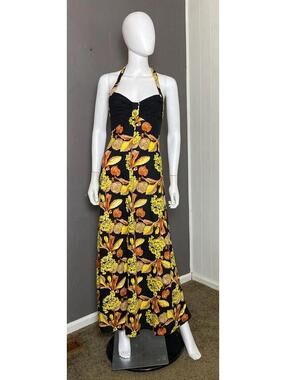 1970's Maxi Halter Dress Dark Floral 70s Sundress